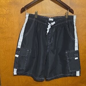 Men's Black Cargo Swim Shorts with White Stripe - Unbranded